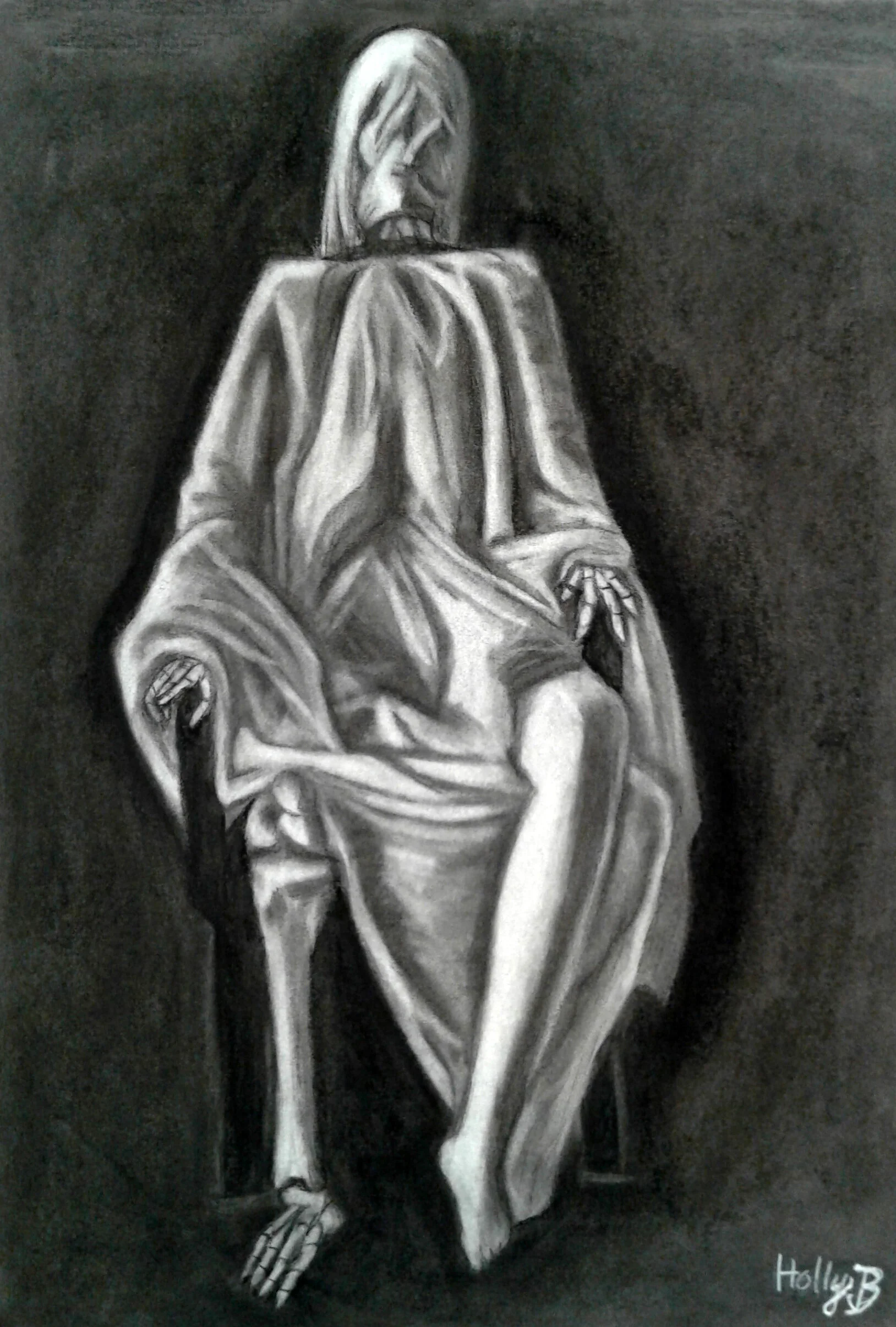 Skeleton Under Fabric: Drapery Project, Charcoal, 18 x 24", 2019. By Holly Baughman