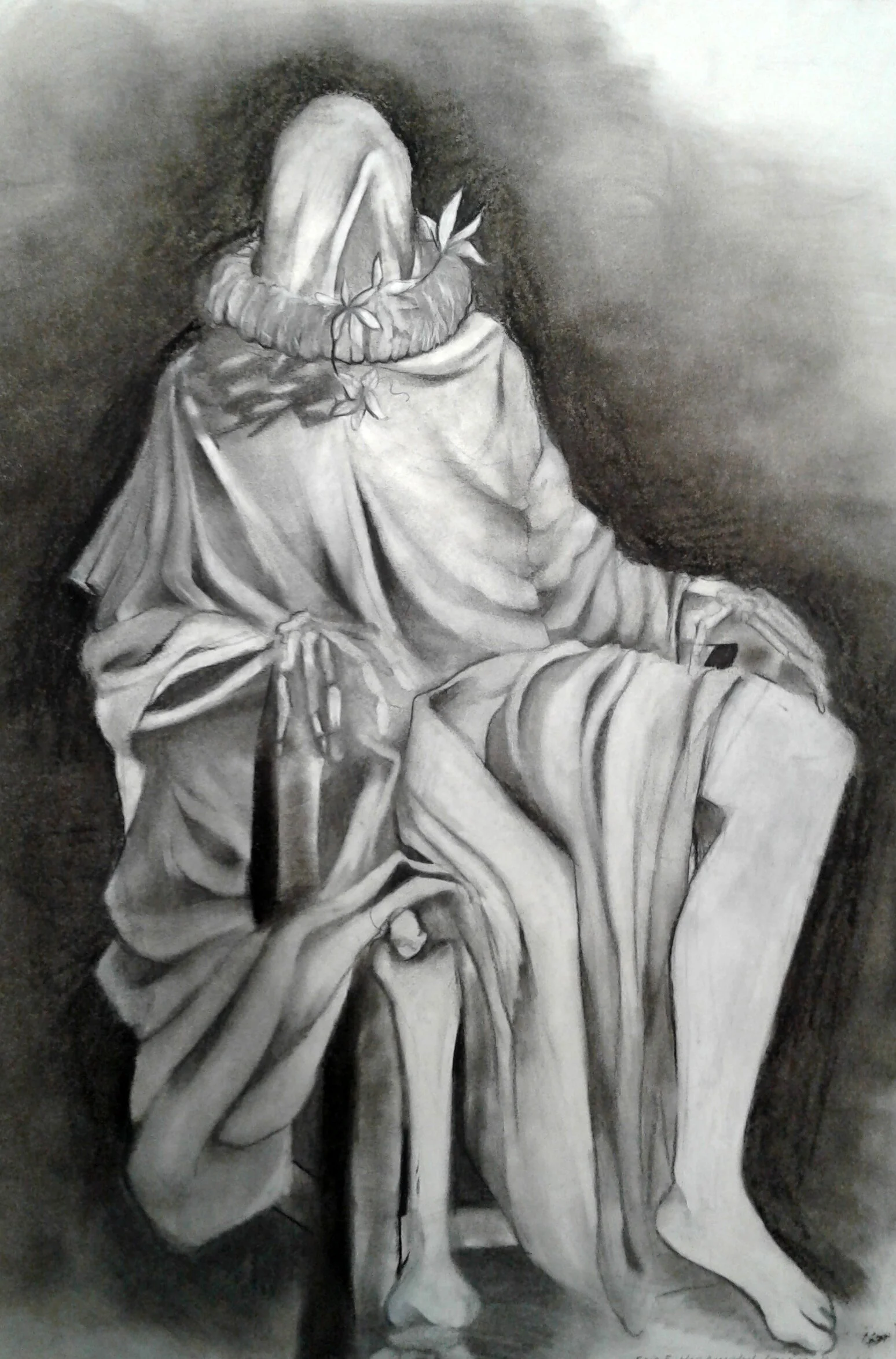 Skeleton Under Fabric: Drapery Project, Charcoal, 18 x 24", 2018. By Erin Fitzgerald