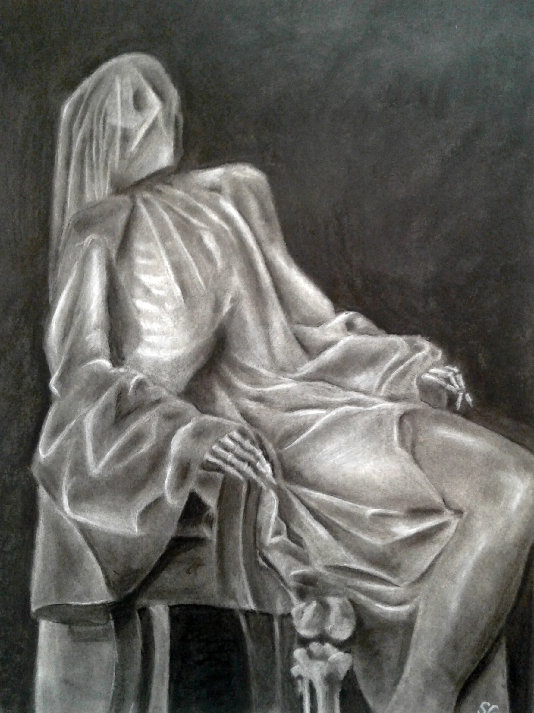 Skeleton Under Fabric: Drapery Project, Charcoal, 18 x 24", 2019. By Stella Garland