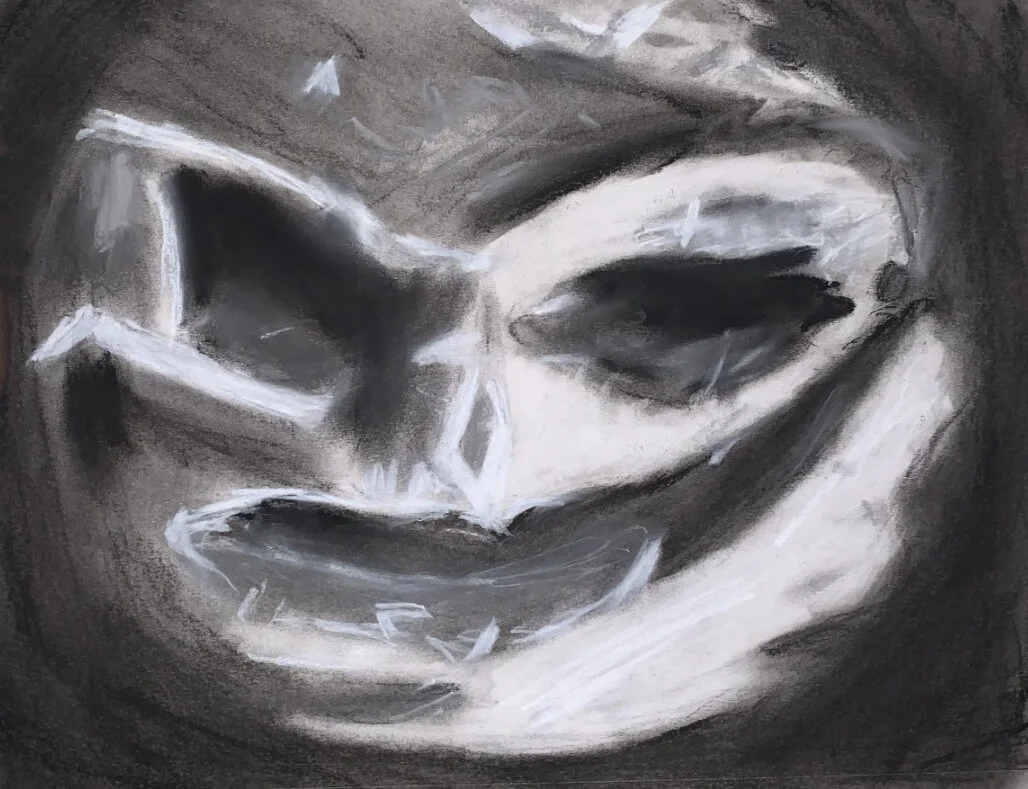 Value Study of Mask, Charcoal (Reductive Drawing), 11 x 8.5", 2020. By Kayla Pittman