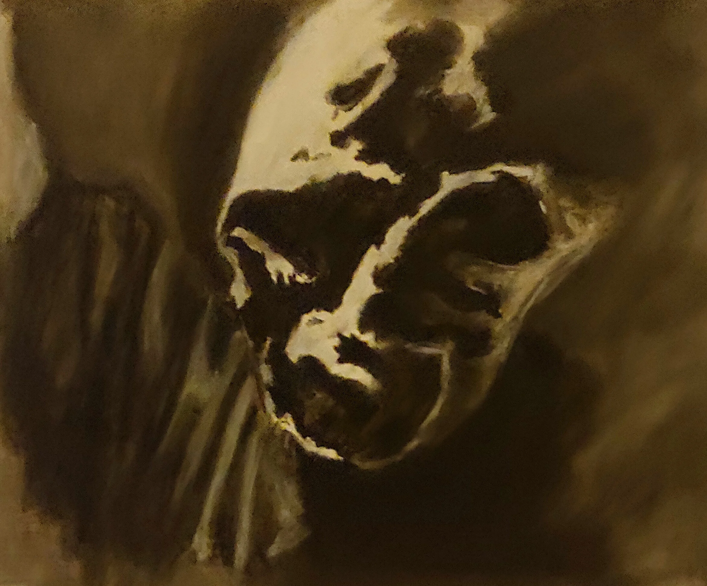 Value Study of Mask, Charcoal (Reductive Drawing), 8.5 x 11", 2020. By Dakota Garrett