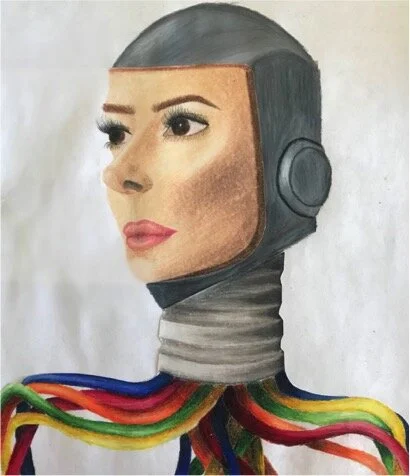 Robot Self-Portrait, Prismacolor Pencils, 8.5 x 11", 2020. By Sally Newman