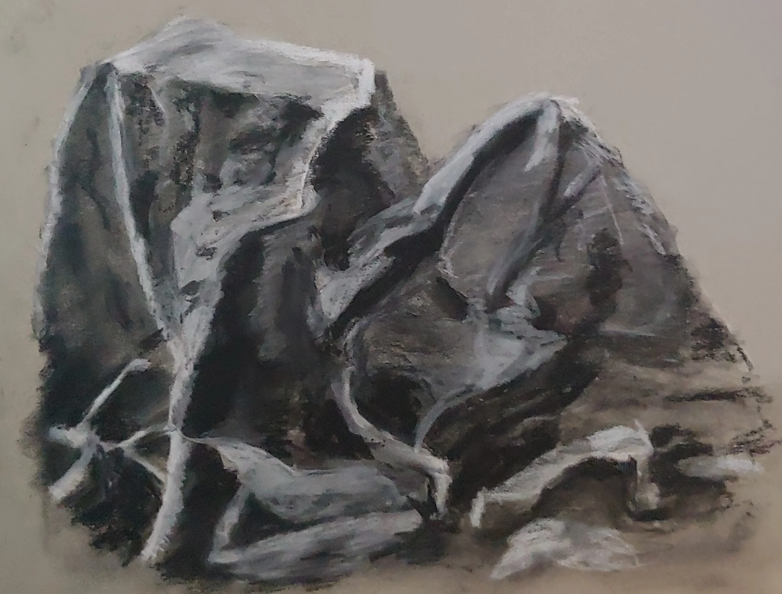 Value Study of Objects Under Fabric, Charcoal, 18 x 24", 2020. By Dakota Garrett
