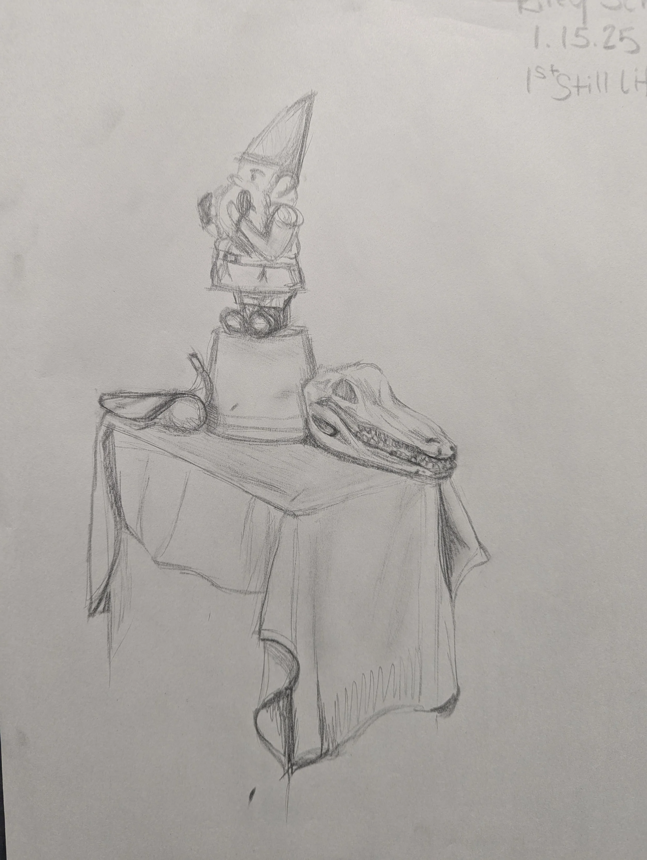 Evidence of Progress Still Life, by Riley Schwarz. First Day Drawing, 2025.