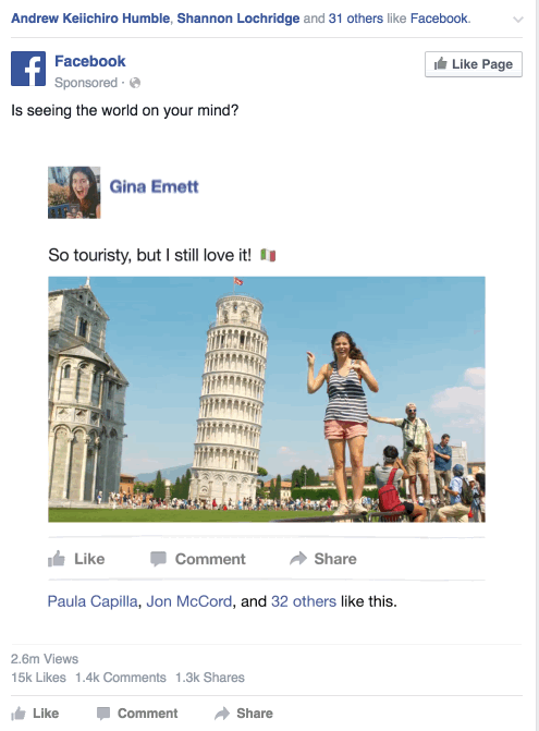 Facebook uses video posts from its own account to celebrate the idea of the user. This ad integrates into the timeline so it feels like part of the UI.