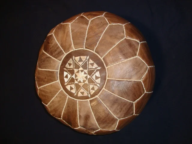  MOROCCAN ROUND LEATHER OTTOMAN 22 X 14 HAND MADE WITH 100%NATURAL LEATHER , HAND SEWN WITH NATURAL SPICES AND STUFFED WITH RECYCLE COTTON . RP3  HONEY BROW 