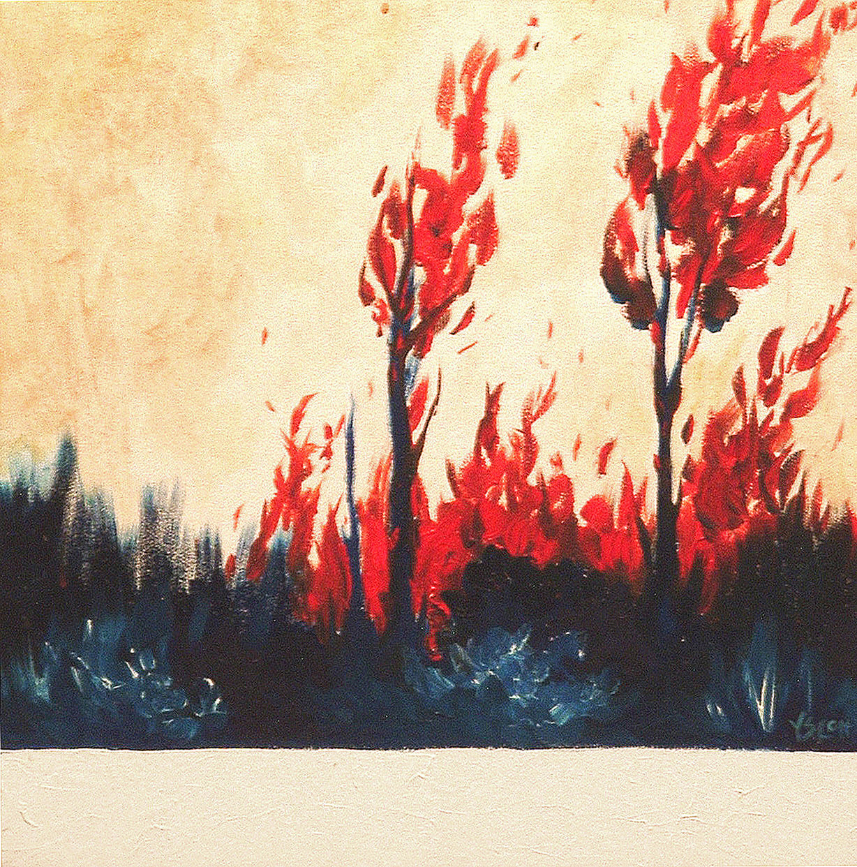  I don't even remember what year is was, but I was living in Florida, and the Everglades had already been burning for 3 days at that time. Red, red fire on blue, blue wetlands.   Burning Landscape No.1   oil on canvas, 12 x 12 