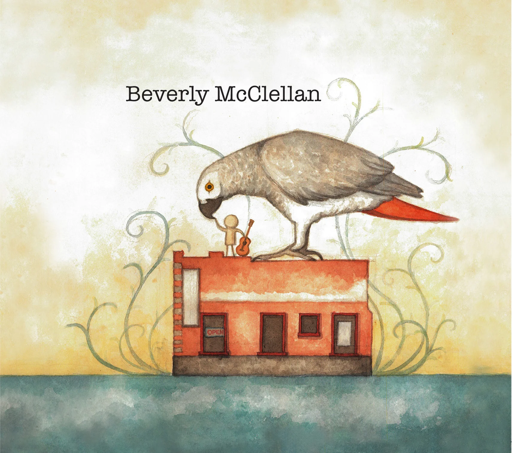 CD cover design for my very talented friend, Beverly McClellan . It is a fairy tale abstraction of Beverly's childhood in Tennessee - the facade of her father's auto shop, the only candy store in town and Bear, her parrot. The original artwork was done in watercolor on paper.