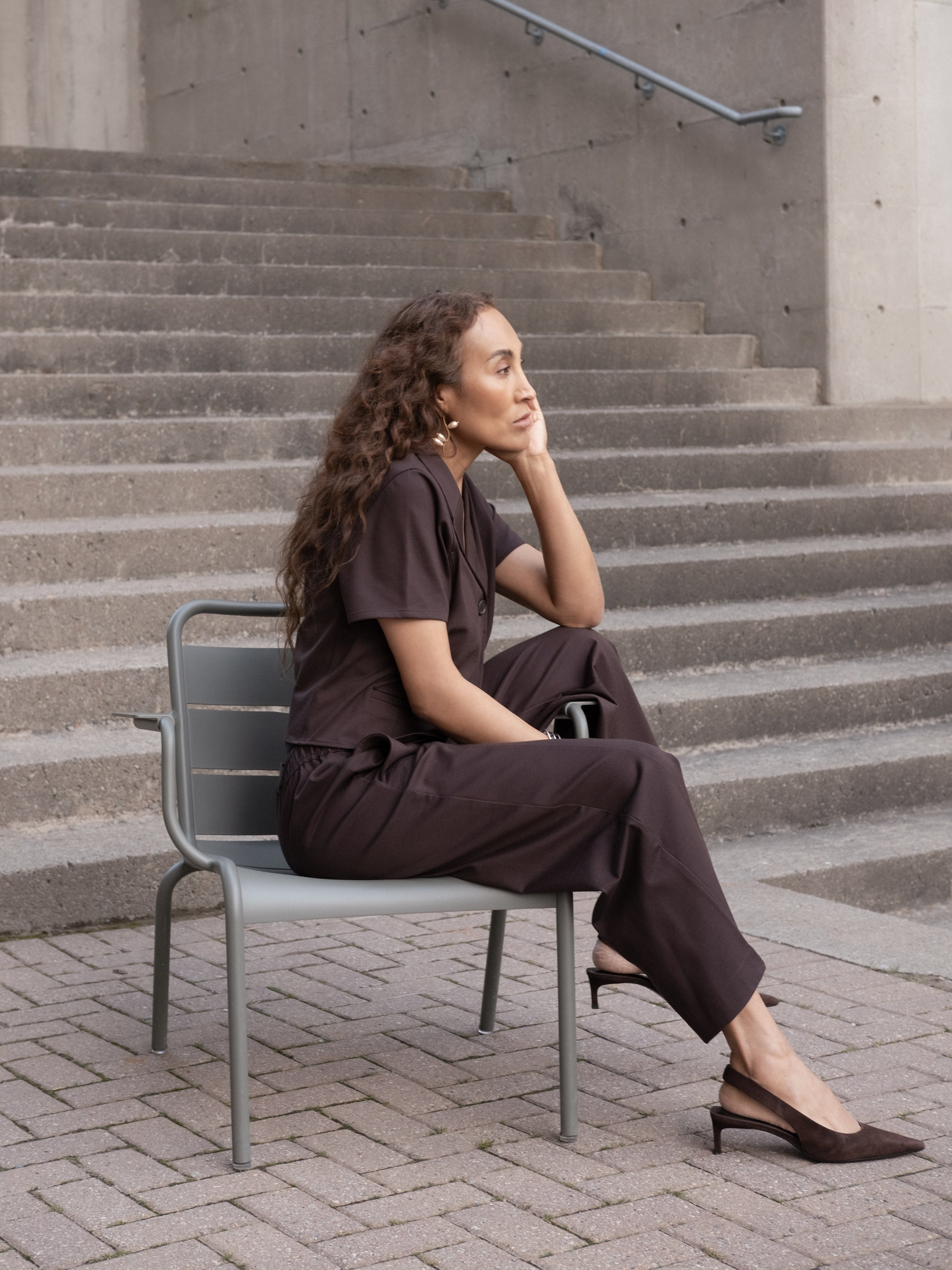 Valentina Chiarello wearing COS tailoring against Brutalist architecture in toronto -  COS campaign - Editorial Fashion photographed by Chiarello Archives 