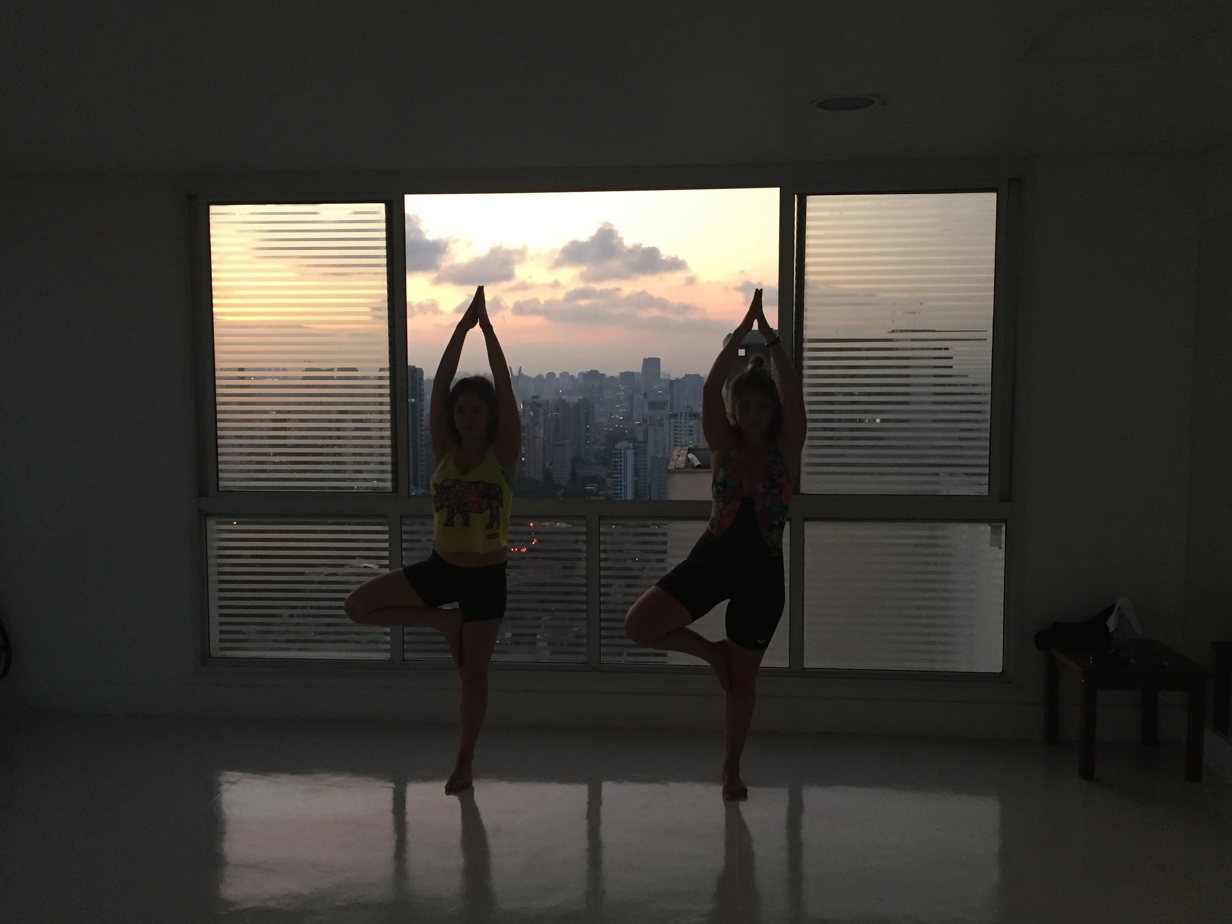 Night 1 in Sao Paulo. I taught Daniella and Marina a barre/yoga class in a studio overlooking the entire city. Here they are in tree pose. 