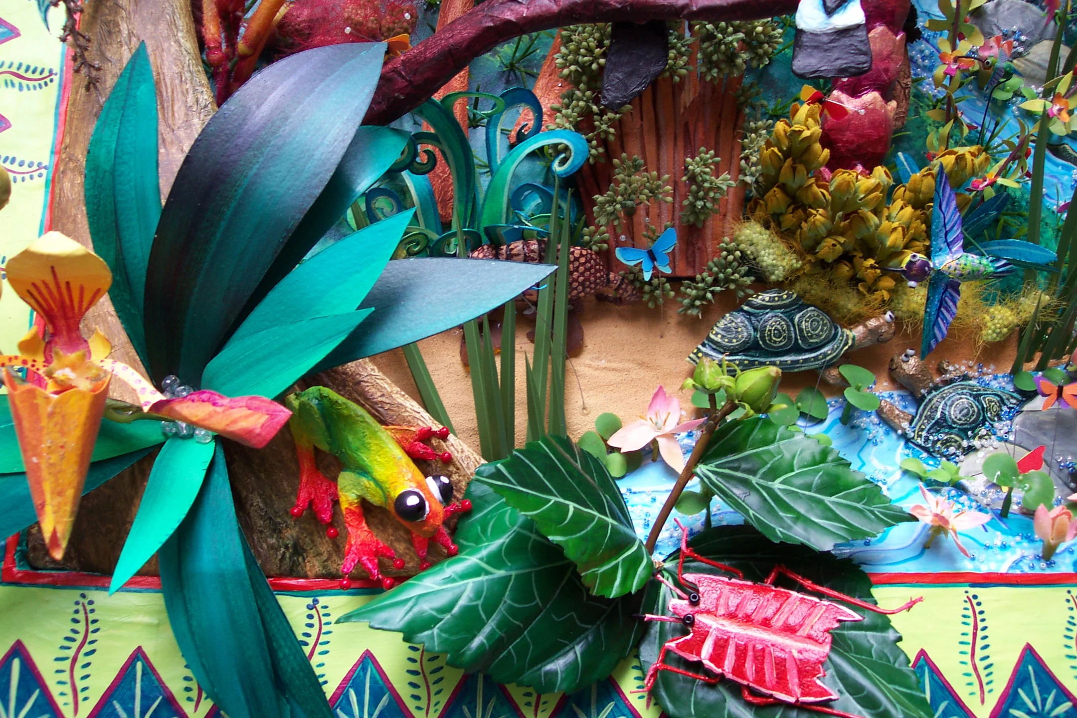Jungle Scene - Frame Detail - Paper Orchids, Tree Frog and Beetle