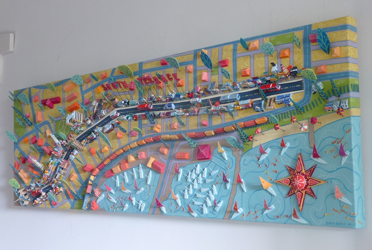 Maps are designed to be seen both flat or hung on the wall. Details are set at an angle to the surface so you can see the front, rather than the top of buildings.