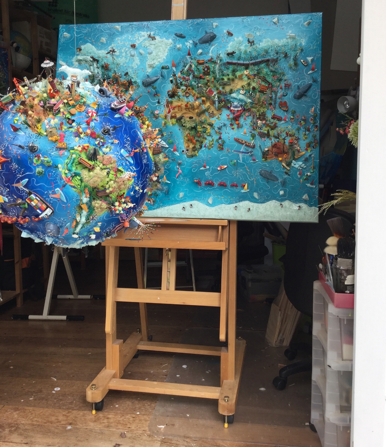 Completed map and globe in the studio