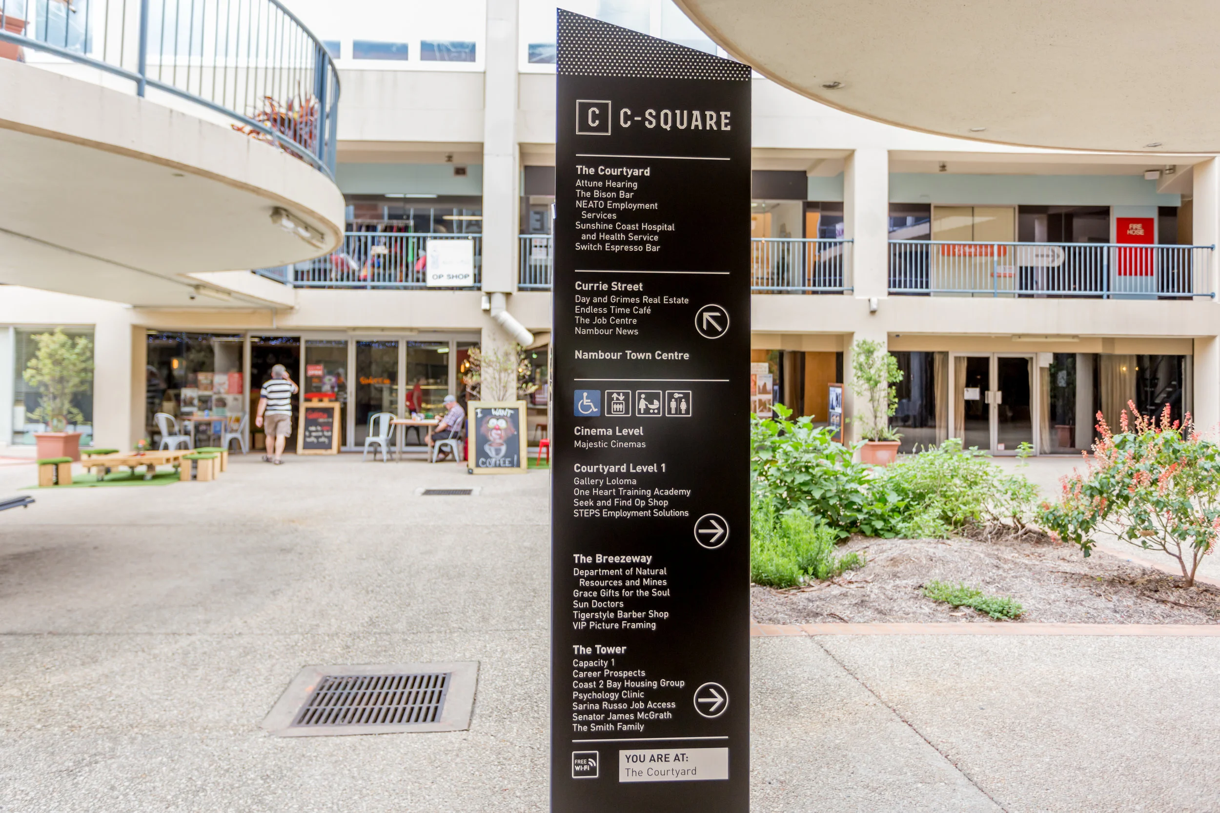 New C-Square signage, in the courtyard.