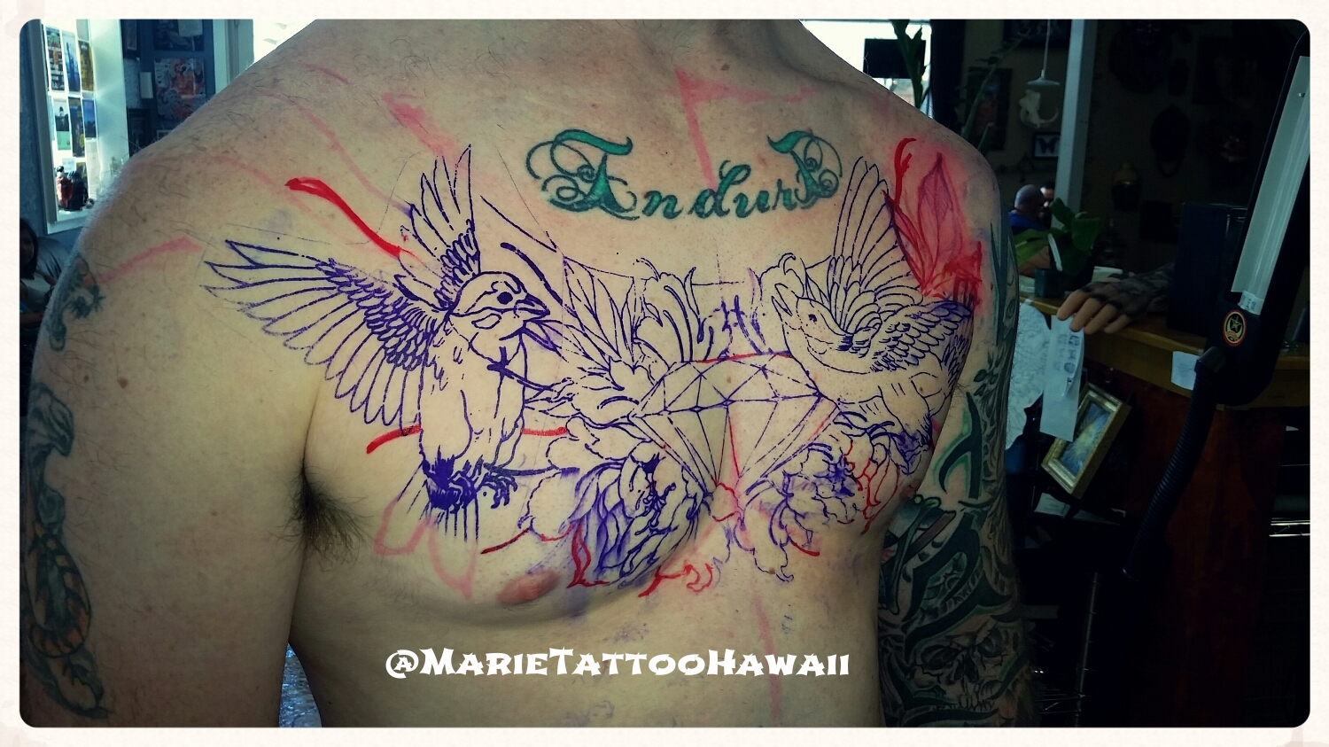 Started: Diamond, Birds and Peonies on Chest — Marie Tattoo Started: Diamond, Birds and Peonies on Chest — Marie Tattoo