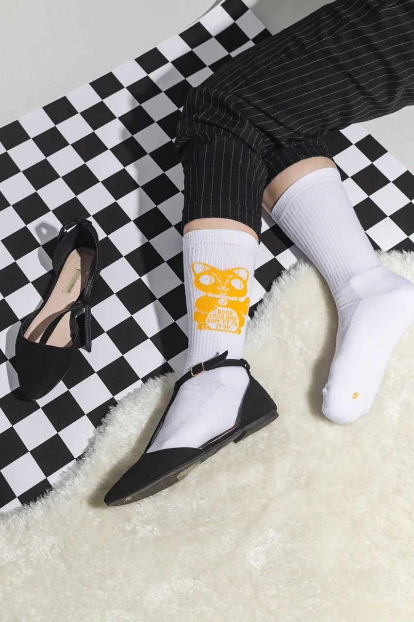 2024 10 brunhilda illustration crew cotton socks lucky cat maneki neko good luck and dont fck it up chess shoes in yellow Large.jpeg