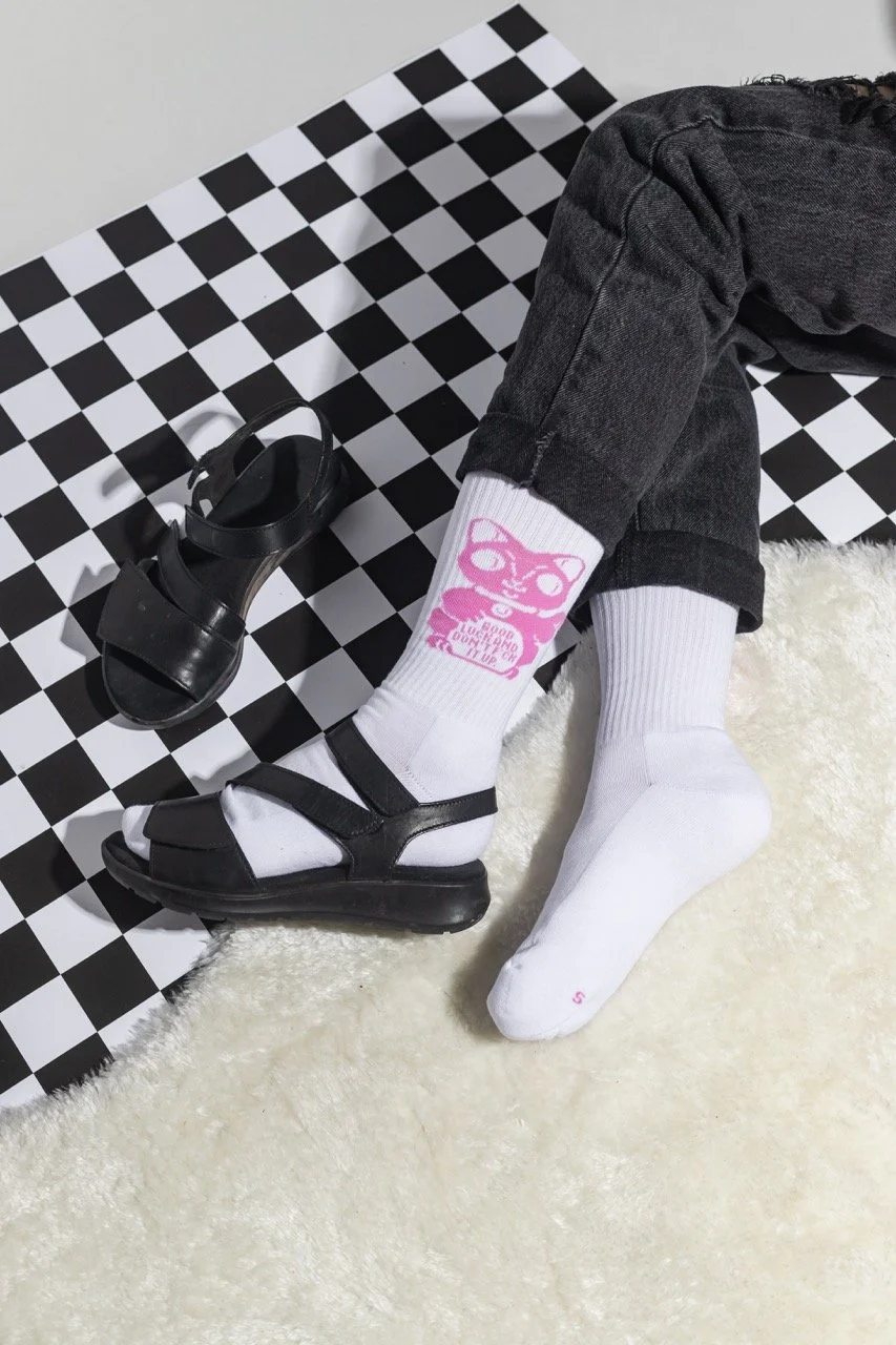 2024 10 brunhilda illustration crew cotton socks lucky cat maneki neko good luck and dont fck it up chess shoes in pink Large.jpeg