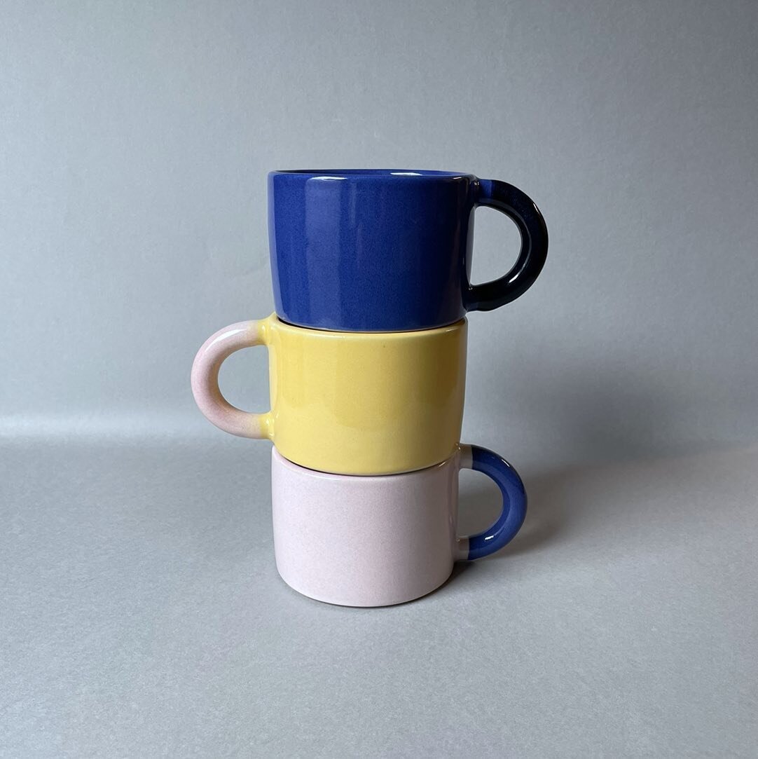 Multi colour mugs in stoneware and glossy glazes 🌈  I&rsquo;ll have A LOT of seconds and samples for sale at the open studios from swapping coloured clay to colour glazes. Come say hi and help me clear some shelf space. Loads of other amazing artist