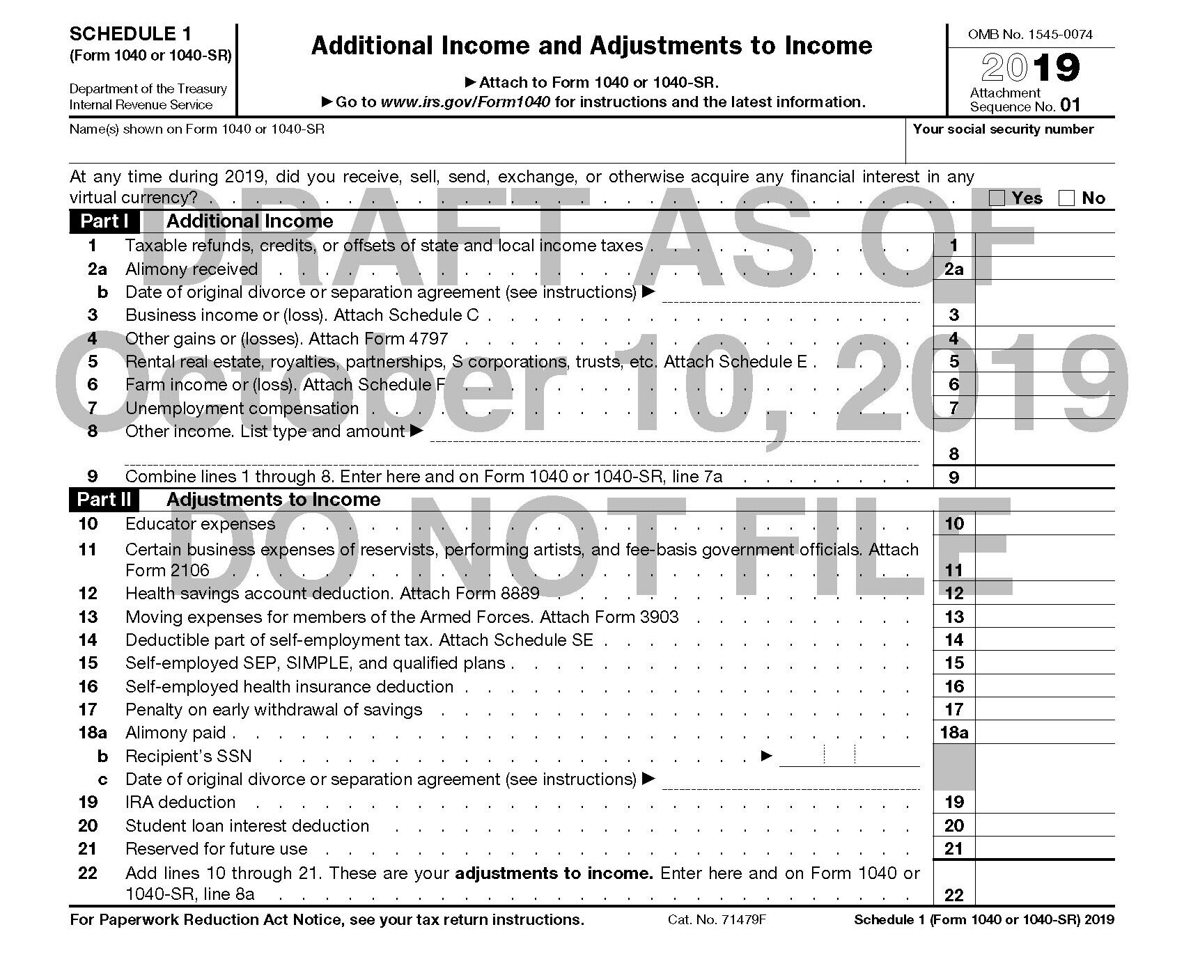 Irs 1040 Schedule 1 2022 2019 Form 1040 Schedule 1 Will Ask Taxpayers If They Have Had Virtual  Currency Transactions — Current Federal Tax Developments