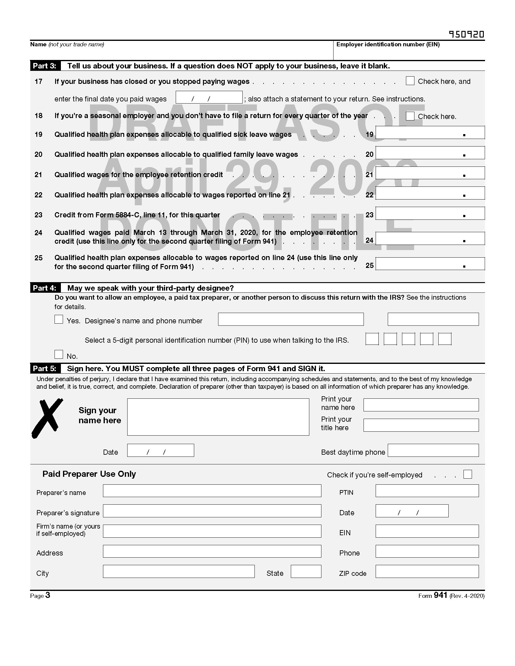 Draft of Revised Form 941 Released by IRS Includes FFCRA and CARES