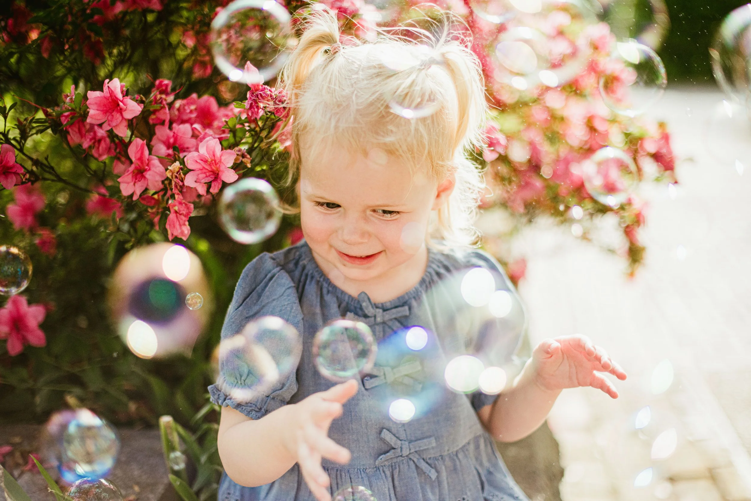 A young blonde girl with pigtails playing outside near pink flowering bushes, surrounded by soap bubbles.