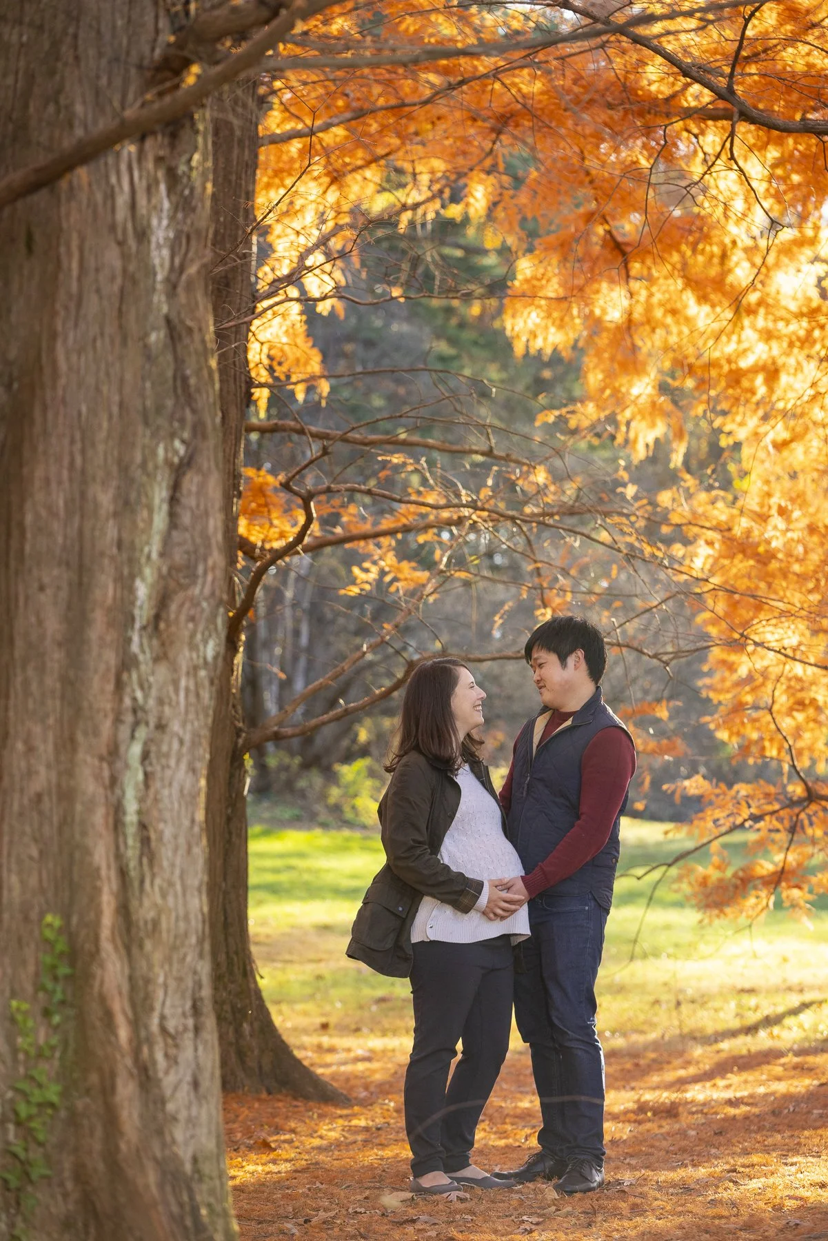 A pregnant woman and a man standing close together in a park during autumn, kissing and holding her belly, surrounded by orange and yellow fall foliage.