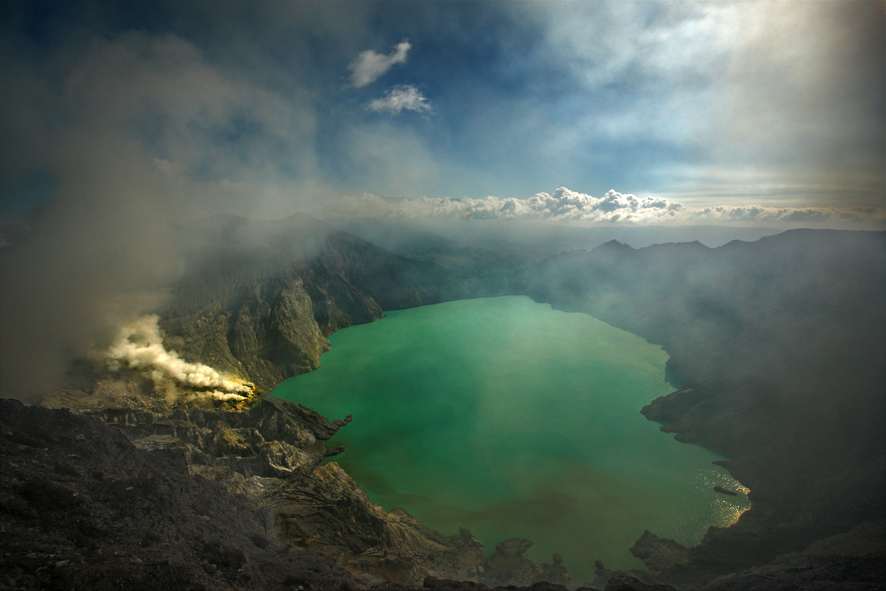 The Kawah Ijen is an active volcano set in the scenic landscape of East Java, Indonesia; hosting one of the largest highly acidic lakes in the world.