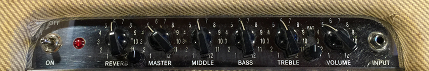 Setting #1 - Modified Fender Blues Junior with green circuit board. The two additional knobs are the sparkle control and presence control.