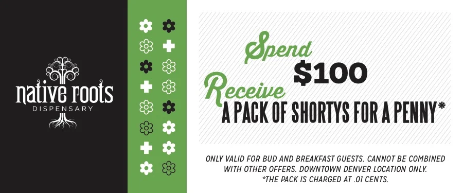 Present this coupon & your Bud+Breakfast conformation email at the downtown Denver Native Roots location and receive this incredible offer. Must be a current guest at the Adagio Bud+Breakfast. 