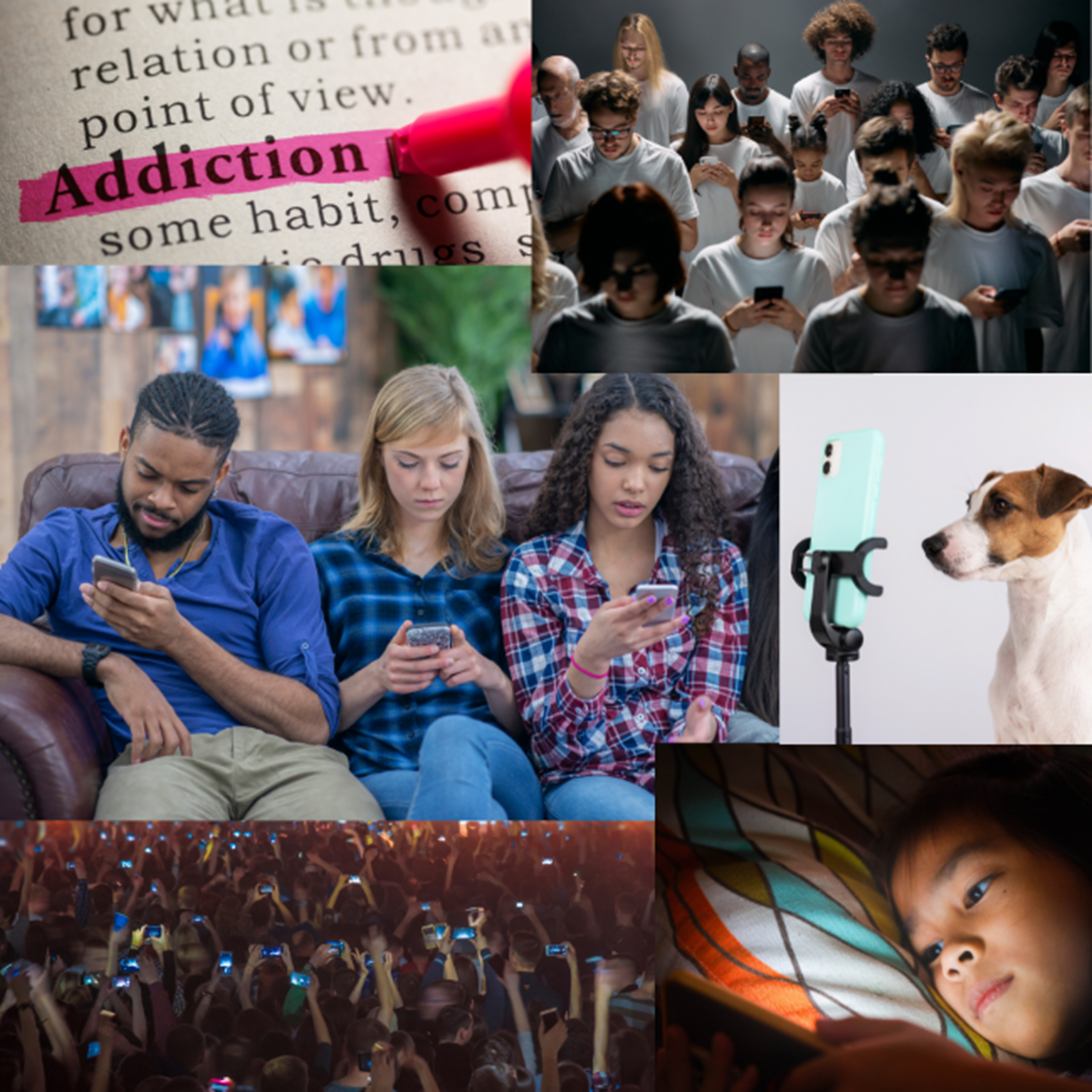 Collage of photos showing people staring at their cellphones.