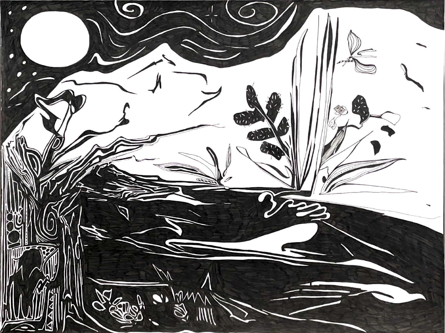 White Moon Desert , 2021 black ink on paper 11” x 18” (27.94cm x 45.72cm)