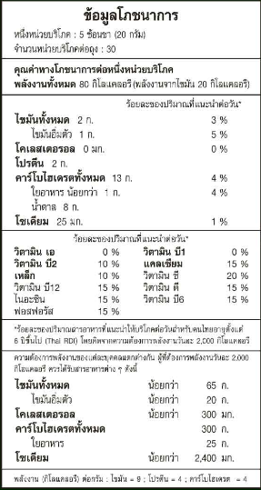  ตัวอย่างตารางโภชนาการ