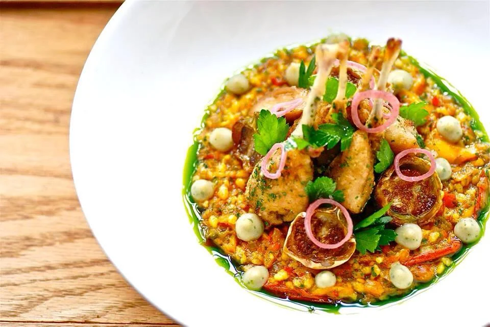 Frog Legs. Baccalá. Fregola. Eggplant. Onion. Parsley.