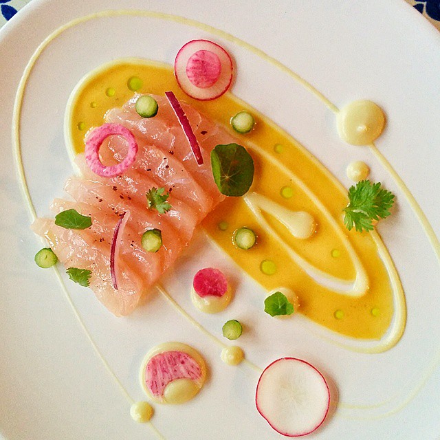 Wild Striped Bass. Sweet Potato. Leche de Tigre. Radish. Accompaniments.