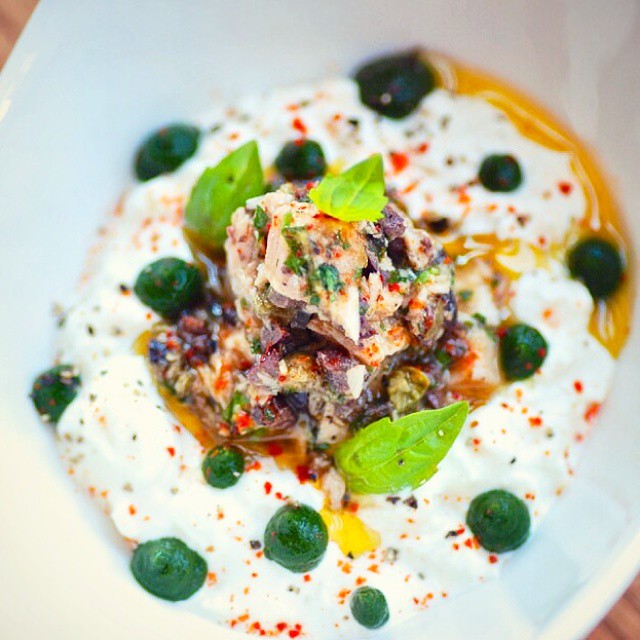 Tuna. Tapenade. Burrata. Basil. Espelette.