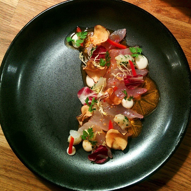 Black Fish. Persimmon. Sunchoke. Radicchio. Colatura. Chili.