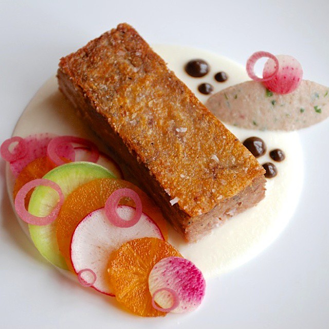 Duck Confit Pressé. Turnip Pureé. Radish. Persimmon. Black Garlic. Rillette.