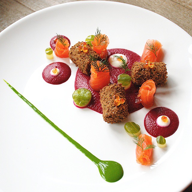 Gravlax. Beet Hummus. Pickles. Falafel-tots. Dill.
