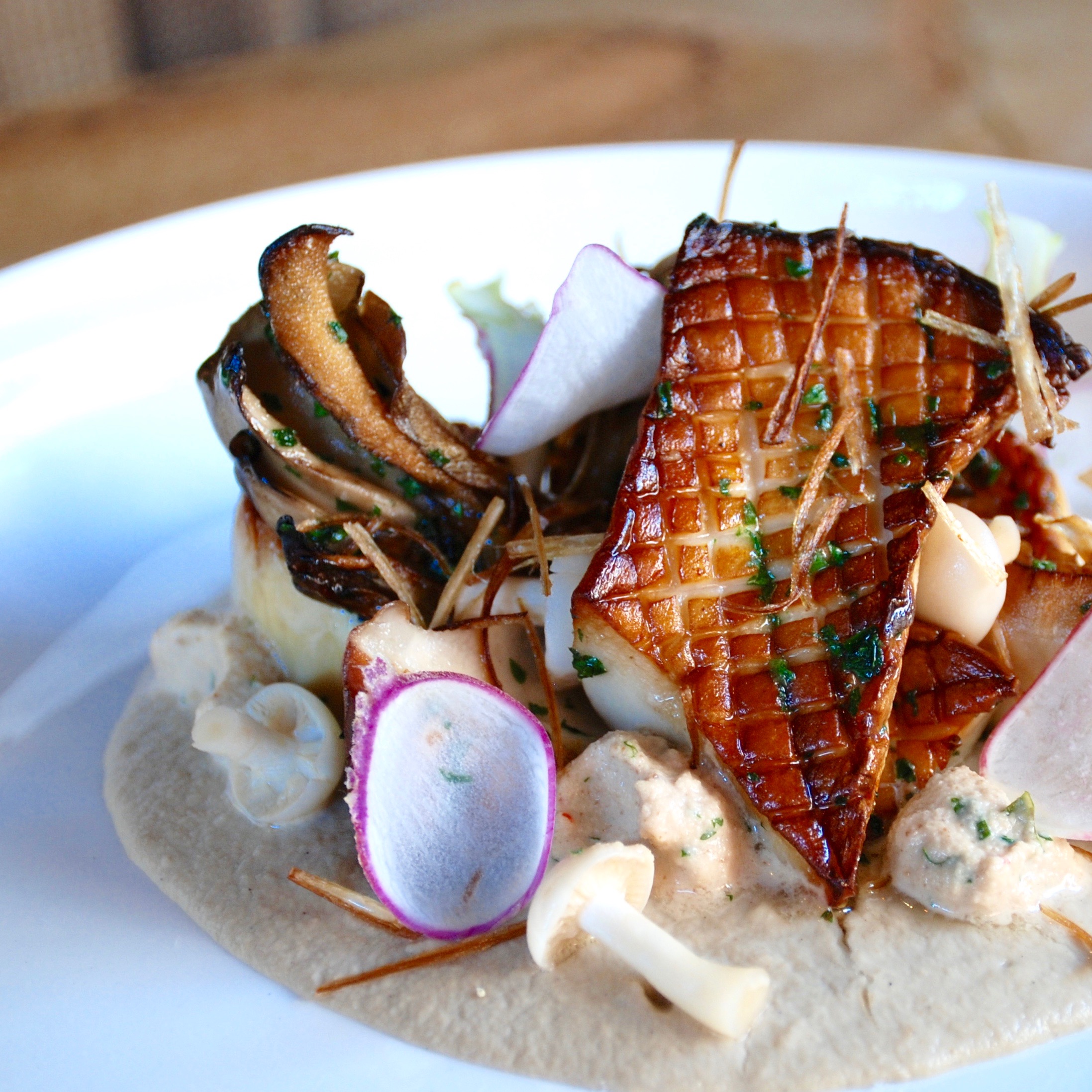 King Oyster. Miatake. Hon Shijemi. Smoked Macadamia. Radish. Leek.