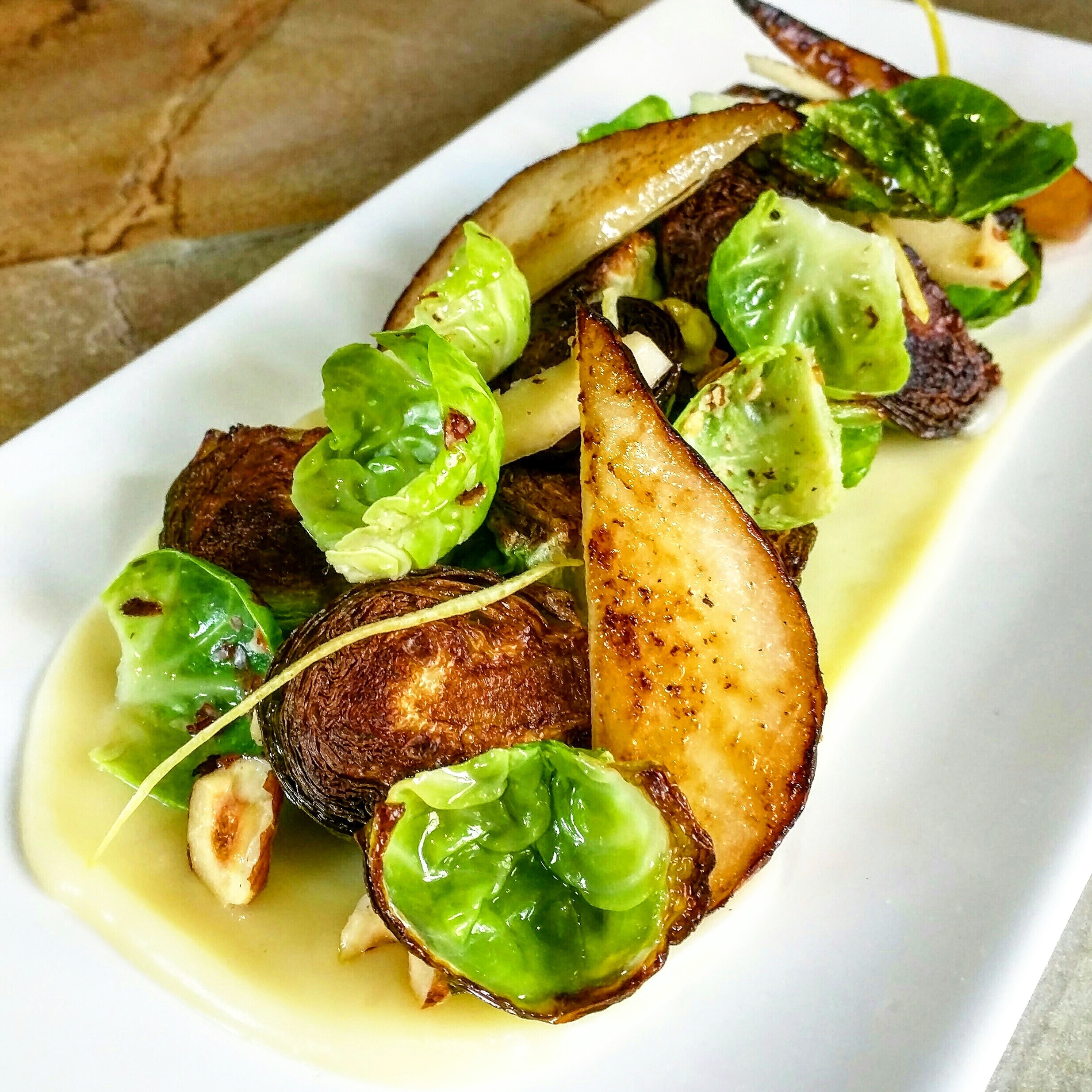 Brussels. Pears. Parsnip. Lemon.