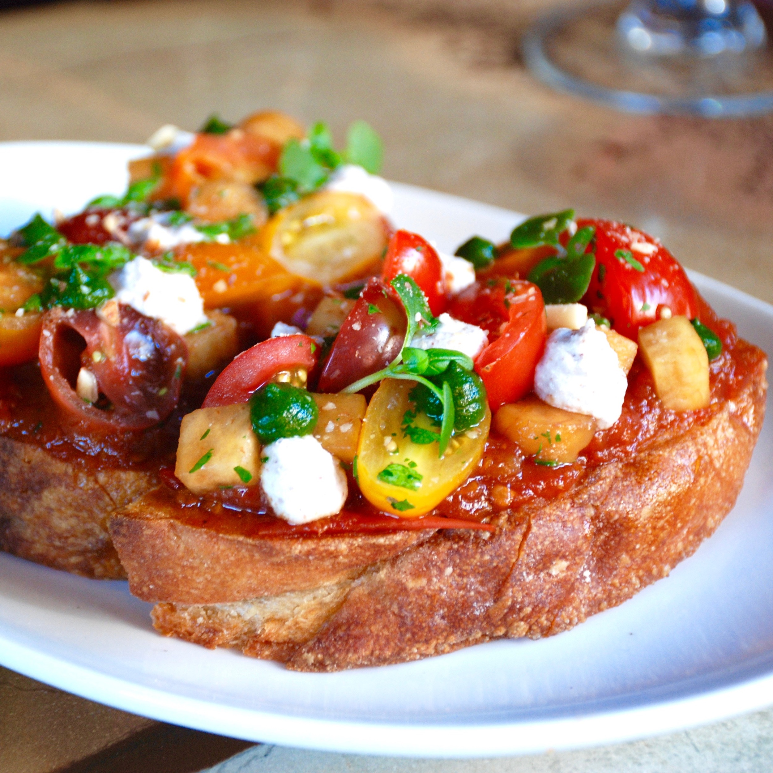 Tomato Jam. Almond Ricotta. Pickled Peach. Basil. Tomato.