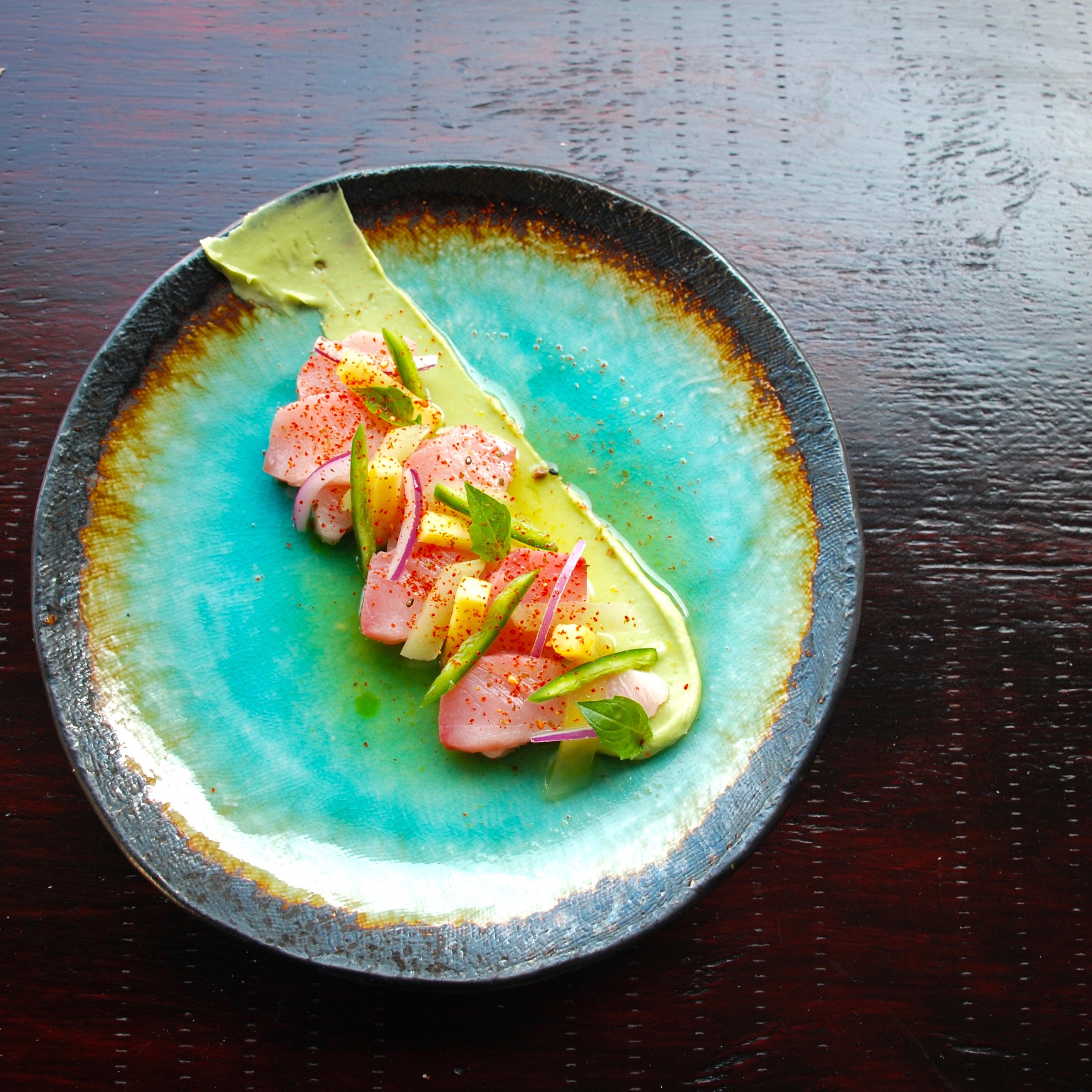 Hamachi. Pineapple Ponzu. Avocado. Pickled Pineapple. Thai Basil. Jalapeno. 