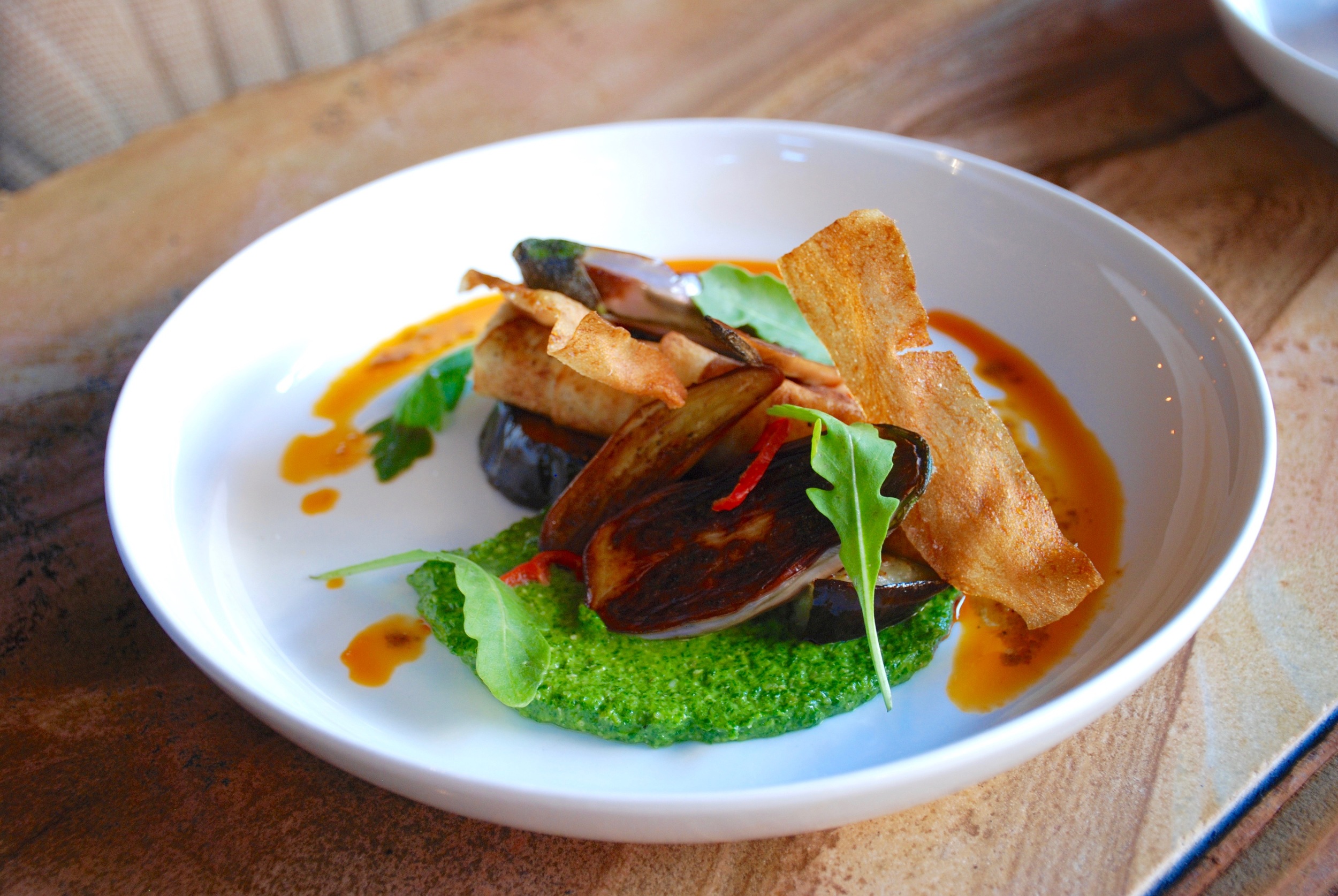 Potato Cannelloni. Pine Nut Ricotta. Merguez Eggplant. Arugula Pesto. Pickled Grenada Pepper.