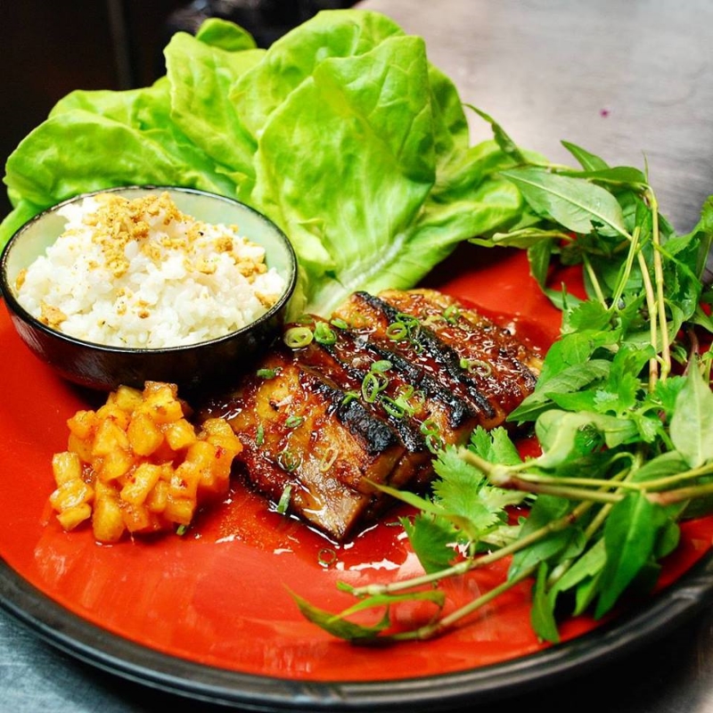Kahlua Pork Belly. Ginger Honey. Pineapple Kimchee. Coconut Sticky Rice. Smoked Cashews. Bibb. Herbs.