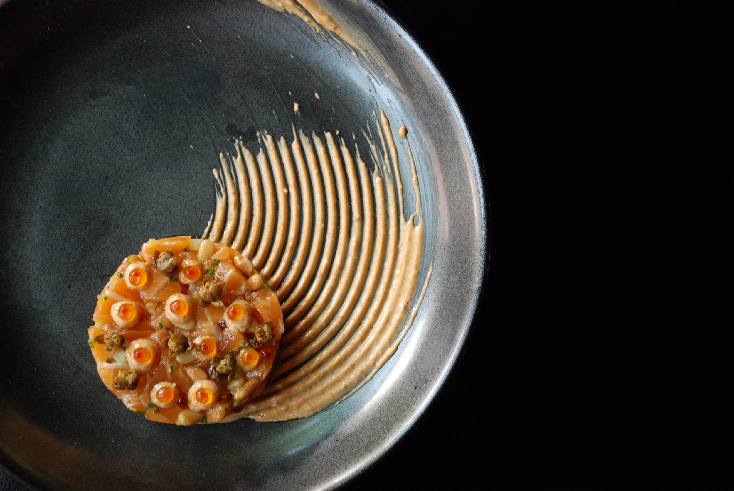Arctic Char. Merguez Yogurt. Caper. Pine Nut. Trout Roe.