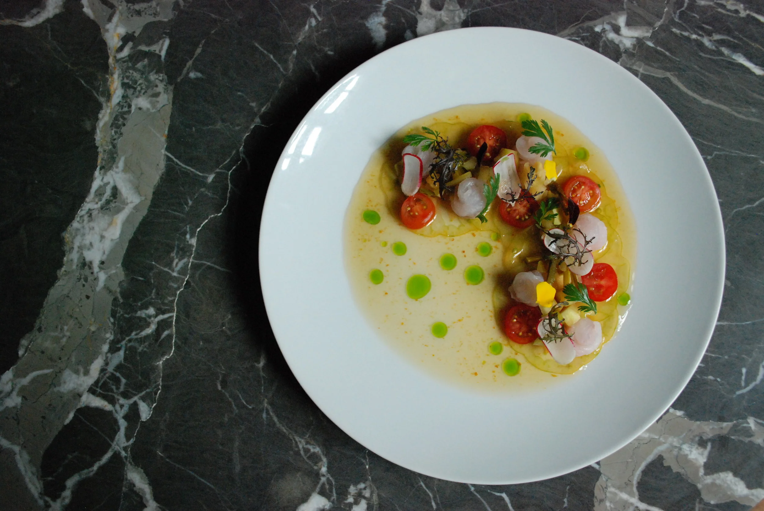  Bass. Smoked Ramp Ponzu. Tomato. Cilantro. 