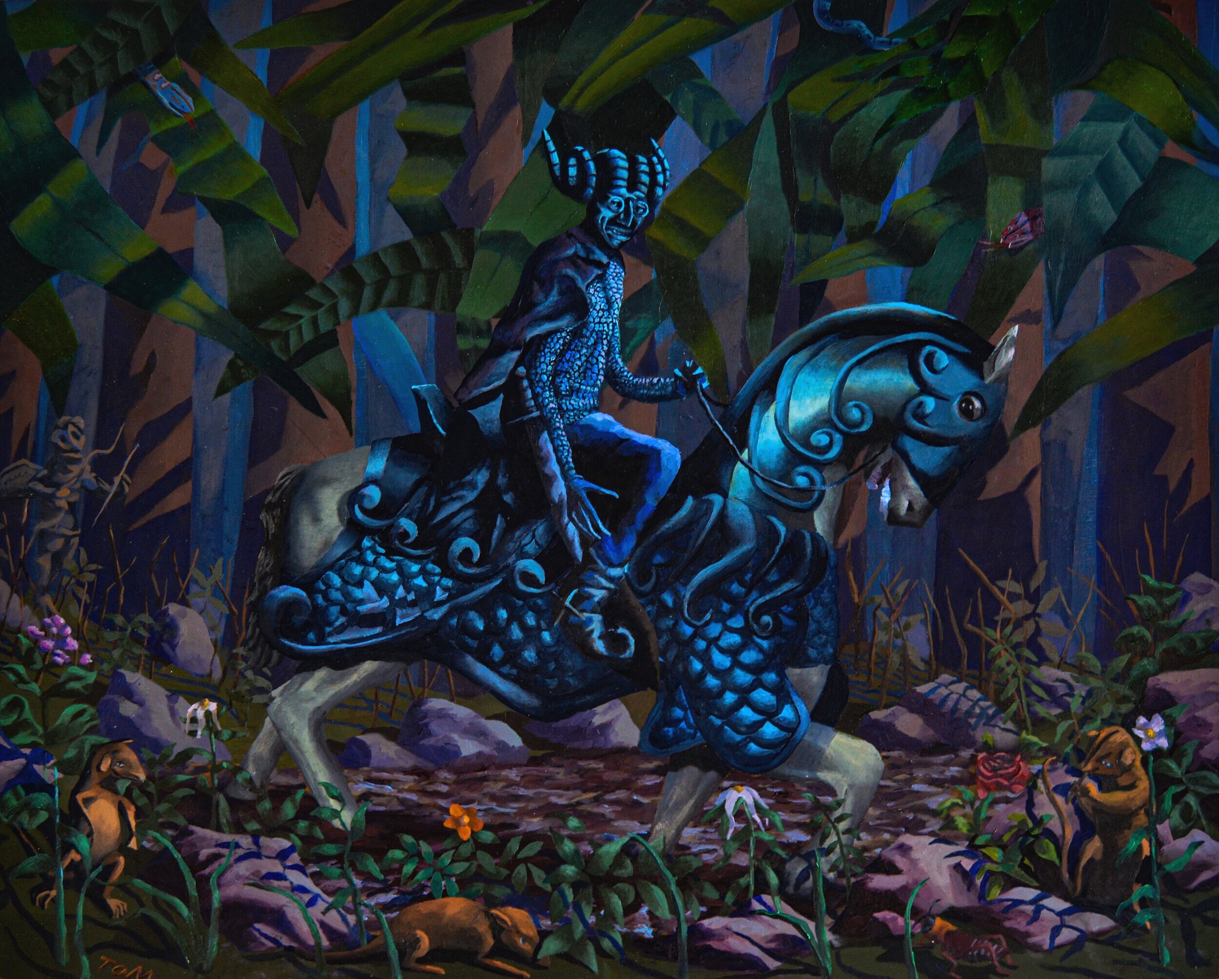 "Masked Rider in the Forest with Creatures"