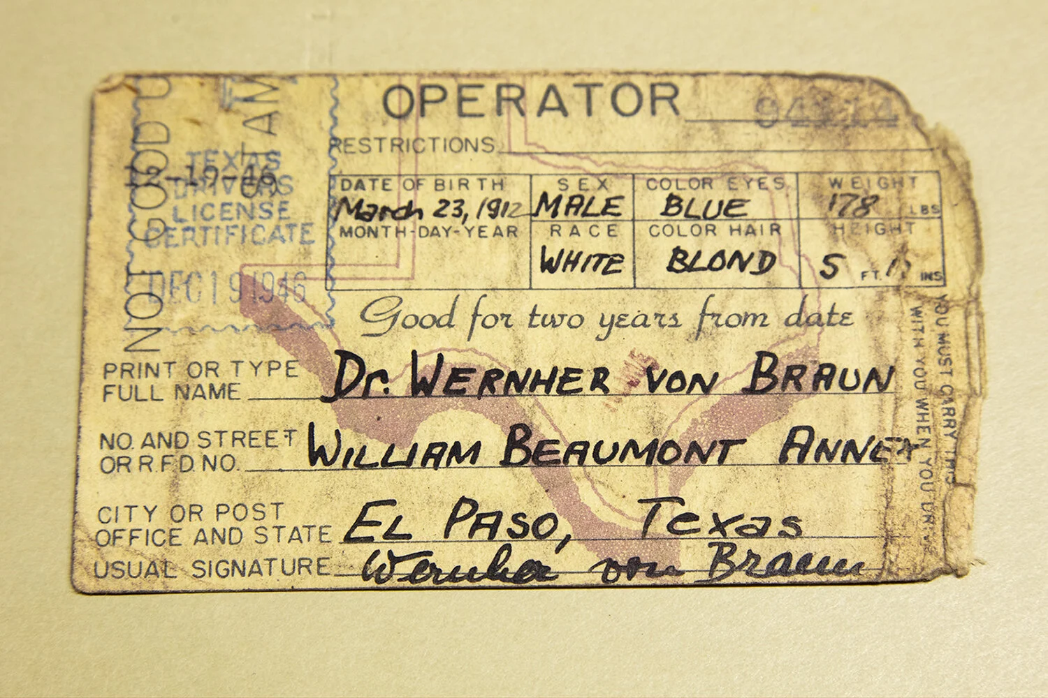   Dr. von Braun’s First US Driver’s License Certificate , 1946/2019 