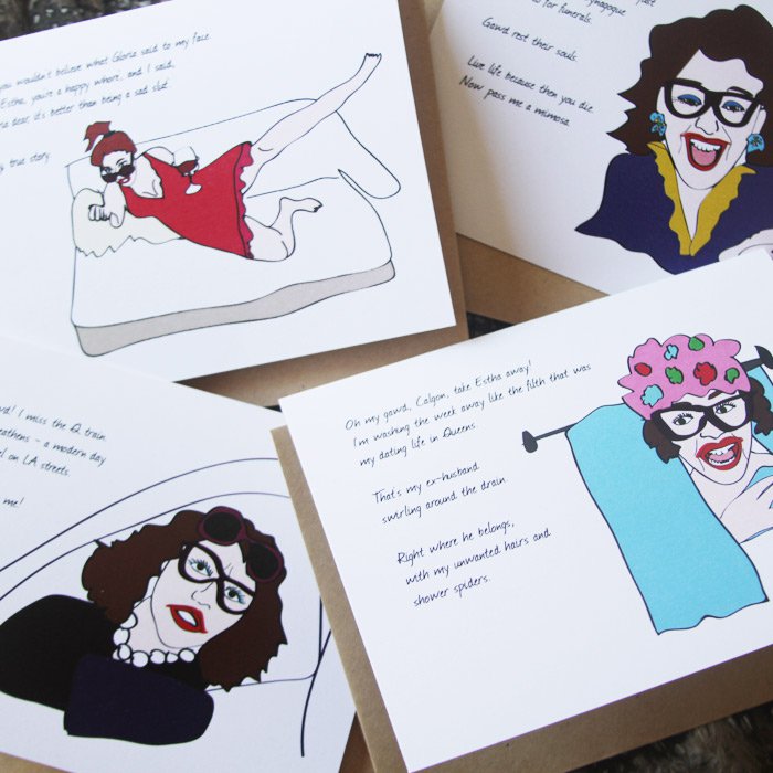 Set of custom illustrated greeting cards for my friend's alter ego, Estha from Queens