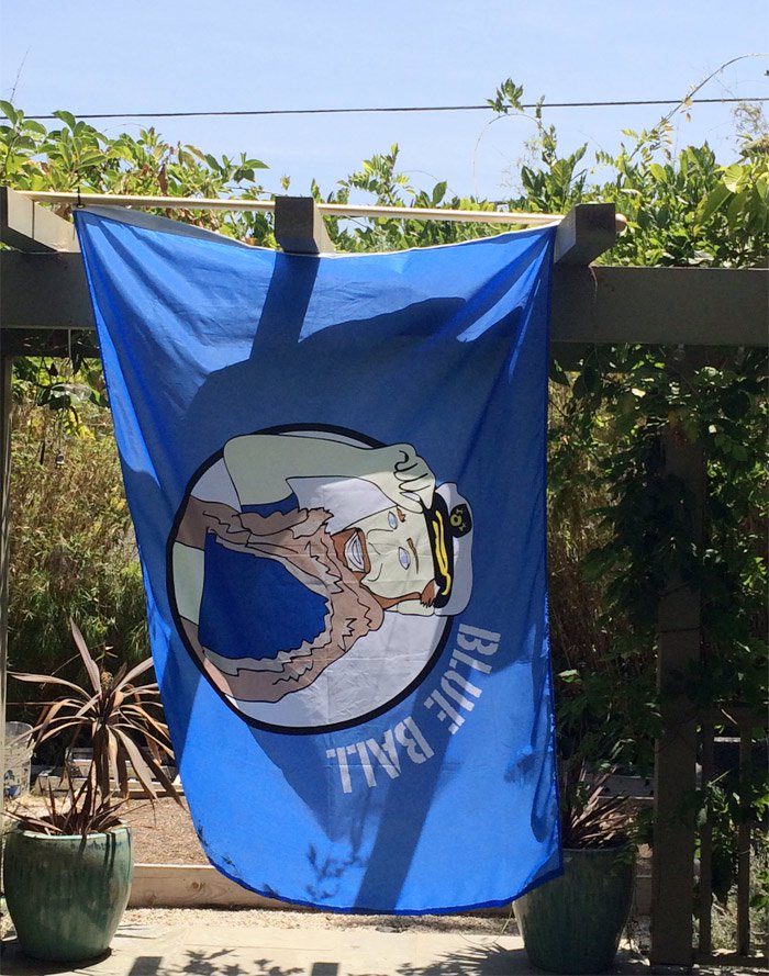 Custom illustration of Brandon is used for a flag at his party, 'Blue Ball"